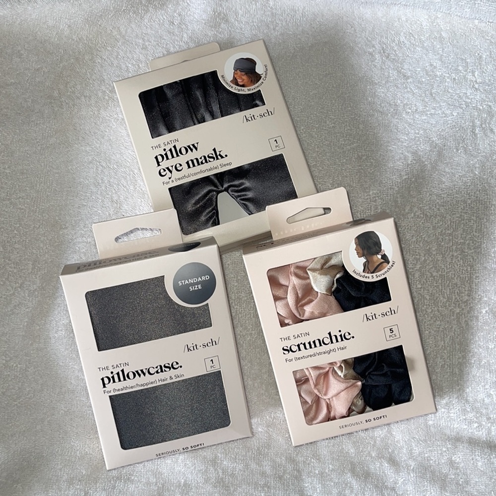 New /kit•sch/ Satin scrunchie 5pk, satin pillow eye mask and satin pillowcase